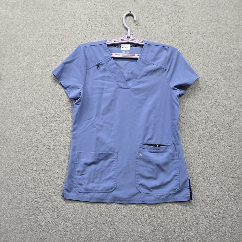 Koi Women Scrub Top XS Blue NEXT GEN Button Logo Short Sleeve Stretch Pockets